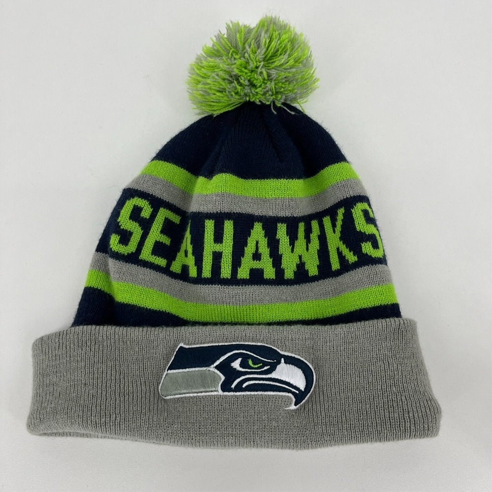 OTS Seattle Seahawks NFL Mens Cuffed Knit Beanie Pom Hat Navy Blue Green Grey